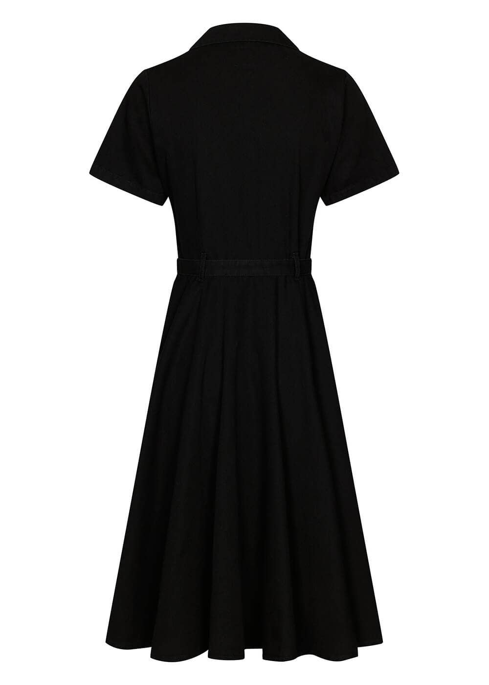 Schwarzes Swingkleid mit Knopfleiste und femininer Taillenbetonung