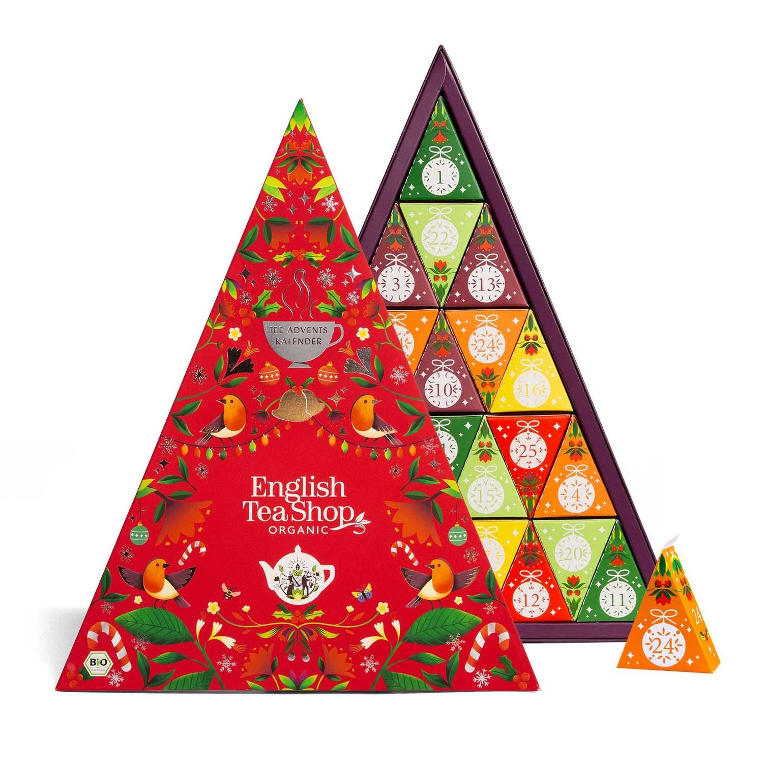 English Tea Shop Bio Tee Adventskalender Mosaik Rot – 25 Teesorten in Pyramidenboxen zum Aufstellen