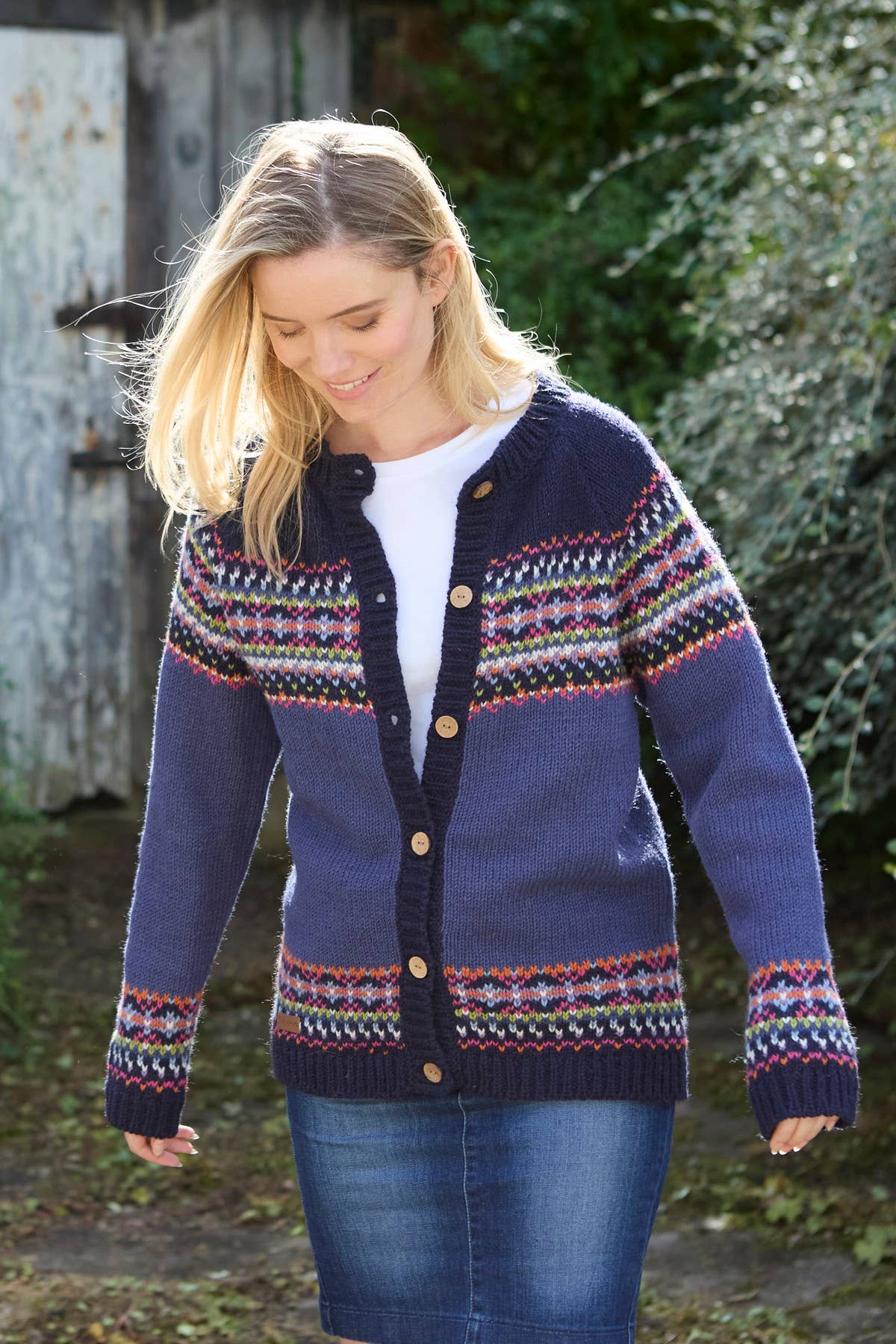 Iona Woll Fair Isle Feinstrick Ganzjahres-Cardigan Denimblau - Dotty&Dan