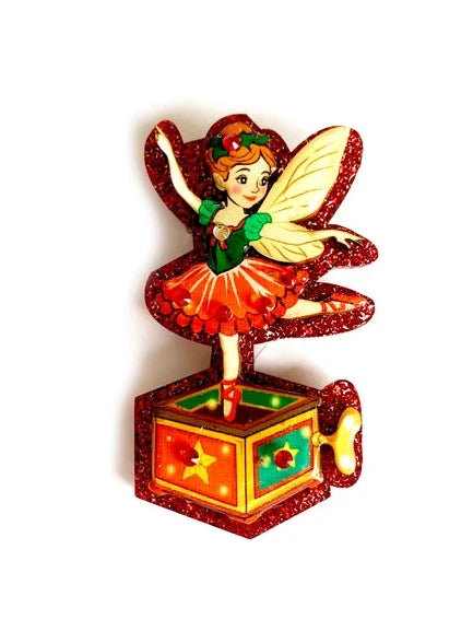 Weihnachtsfee-Brosche mit rotem Glitzer und Musikbox