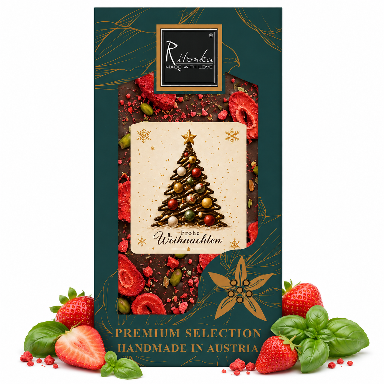 Milchschokolade Merry Christmas – Erdbeere & Basilikum von Ritonka – Produktfoto