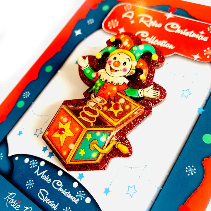 Handgefertigte Jack-in-the-Box Brosche im 50s Stil