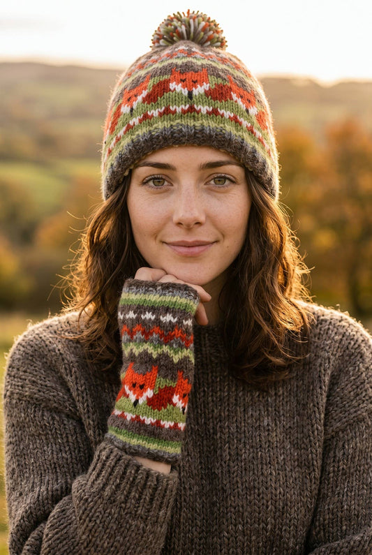 Damen Fair Isle Wollmütze mit Fuchsmuster und Bommel getragen