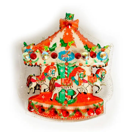 Vintage Weihnachtskarussell-Brosche aus Acryl und Glitzer