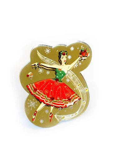 Silberne Weihnachts-Ballerina-Brosche mit Spiegelacryl