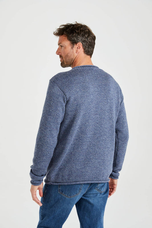 Herren Merino Rollkragenpullover Denim Rückansicht Aran Woollen Mills