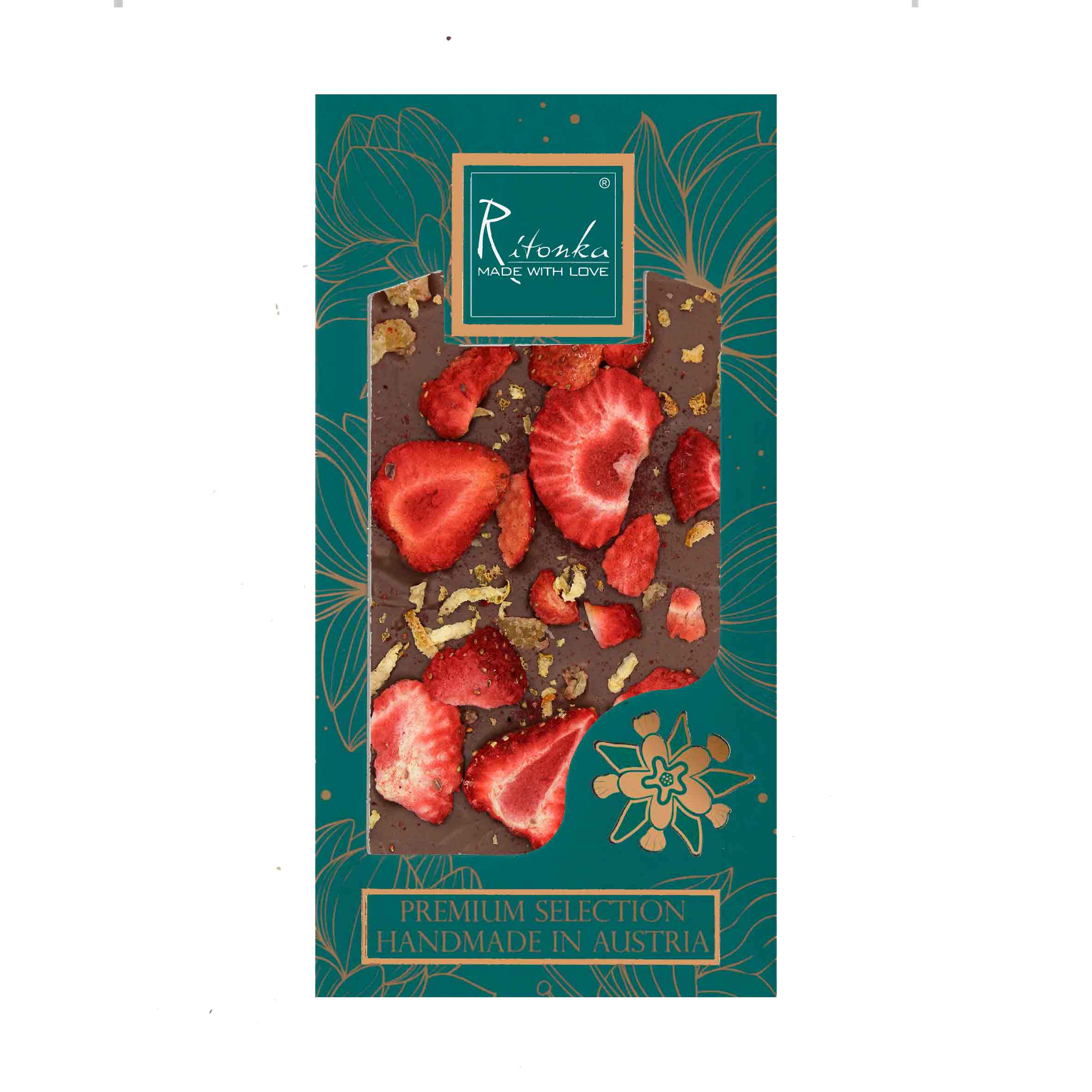 Handgemachte Milchschokolade von Ritonka mit Erdbeeren, Zitrone und Ingwer