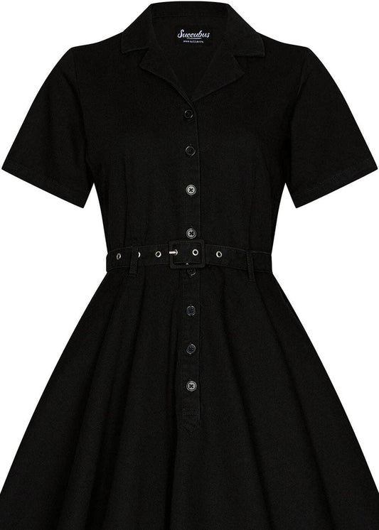 Vintage-inspiriertes schwarzes Rockabilly Kleid aus Denim im 50er Jahre Stil