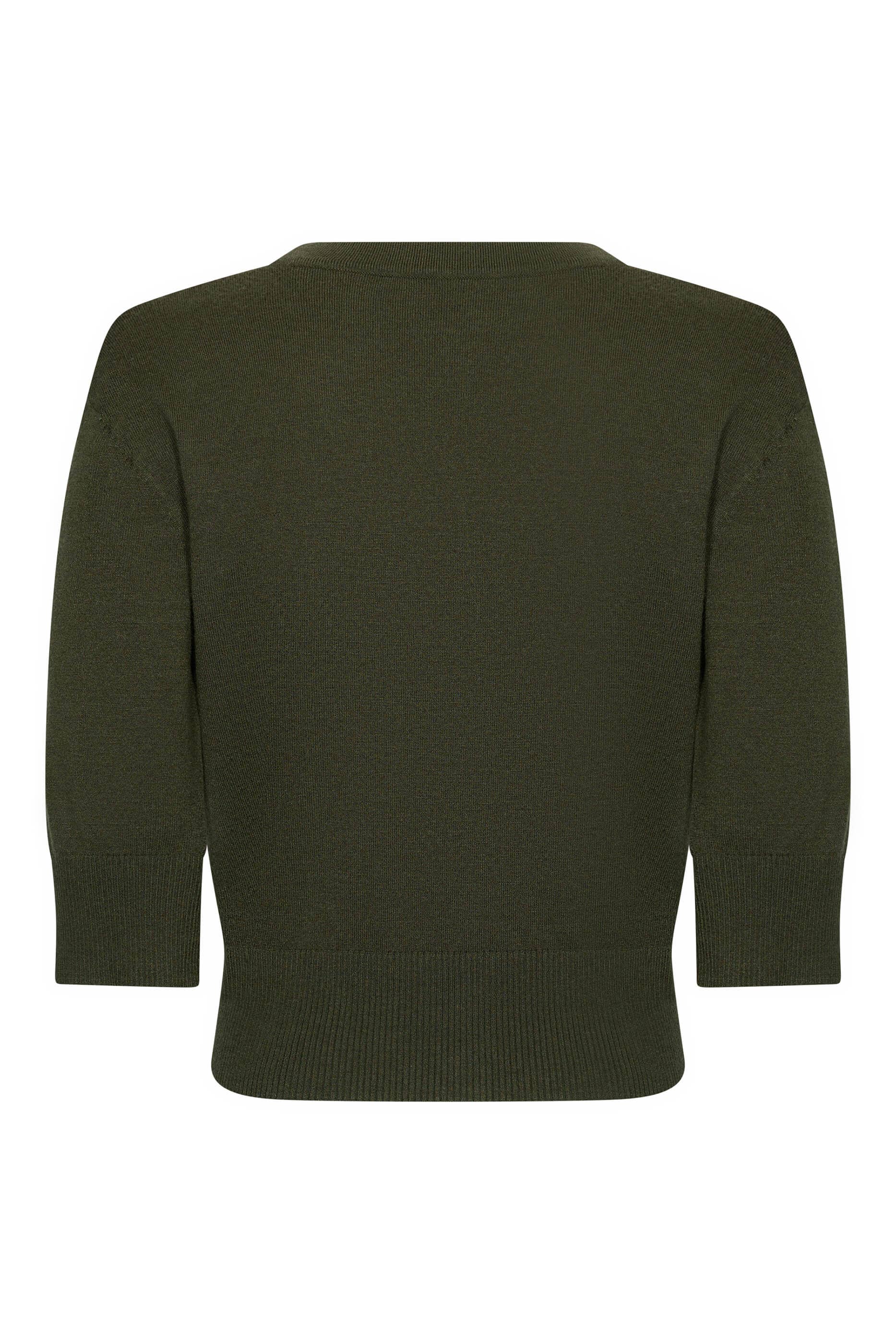 Olivgrüner Vintage Damen Cardigan Cleo mit 3/4-Ärmeln – Rückansicht