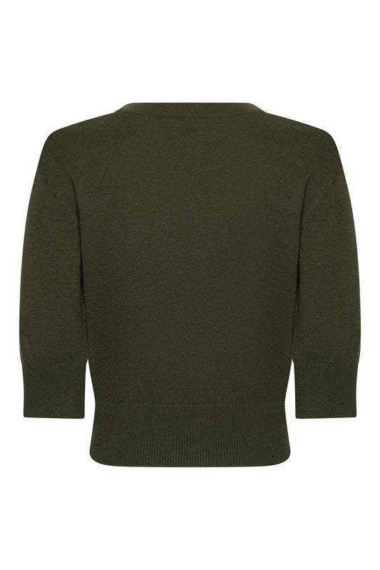 Olivgrüner Vintage Damen Cardigan Cleo mit 3/4-Ärmeln – Rückansicht