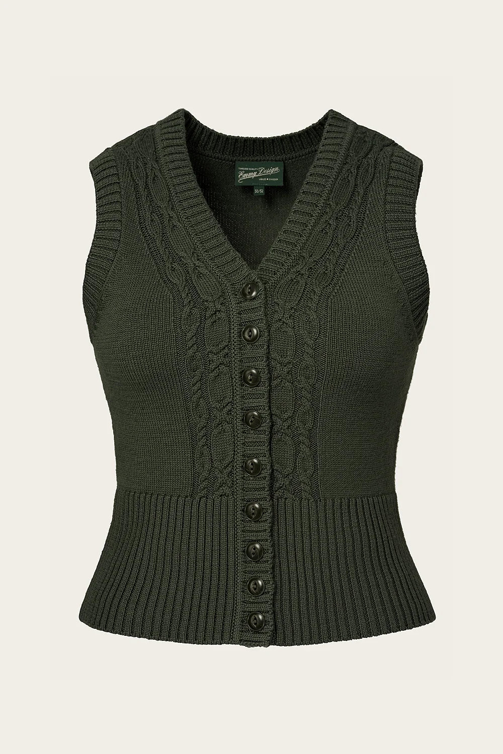 Detailansicht Strickweste Zopfmuster Emmy Design – Pine Green Wool
