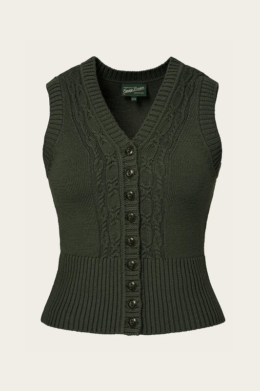 Detailansicht Strickweste Zopfmuster Emmy Design – Pine Green Wool