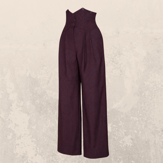 emmy design Miss Fancy Pants Marlenehose in Aubergine mit hellblauen Nadelstreifen, seitliche Vorderansicht