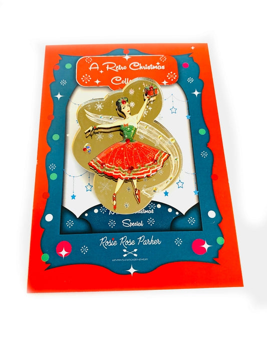 Handgemachte Ballerina-Brosche im 50s Weihnachtsstil