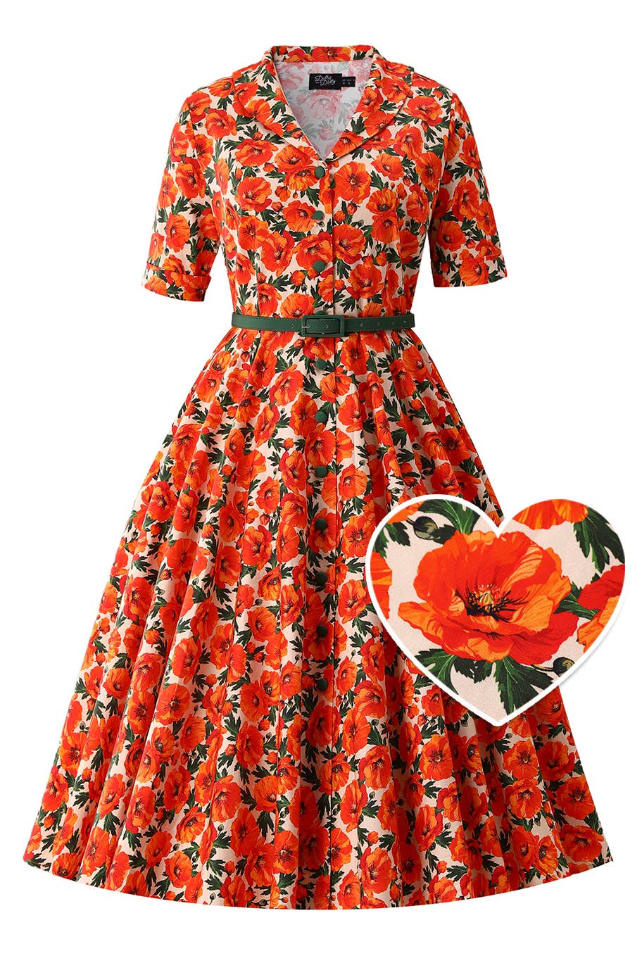 Vintage inspiriertes Mohnblumen Kleid in Rot Orange mit grünem Gürtel