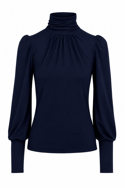 femkit Pina Shirt Navy mit hohem Kragen und Puffärmeln

