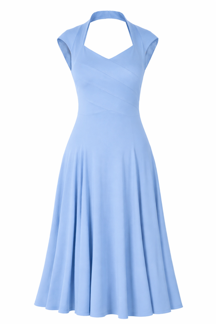 femkit_Viviana_Kleid_lichtblau_Vorderansicht_tailliertes_Vintage_Midi_Kleid