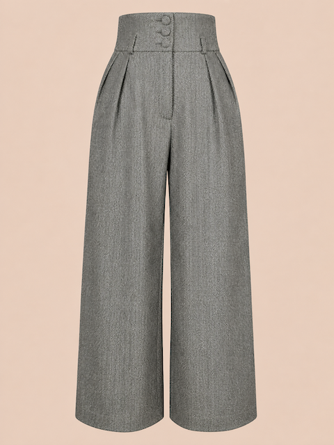 Femkit Hose Betty Herringbone Grey High Waist Marlenehose mit weitem Bein und Fischgratmuster Vorderansicht