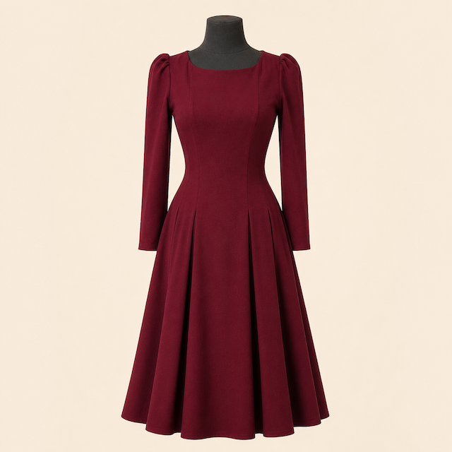femkit Calypso Kleid Weinrot mit U-Boot-Ausschnitt und Kellerfalten