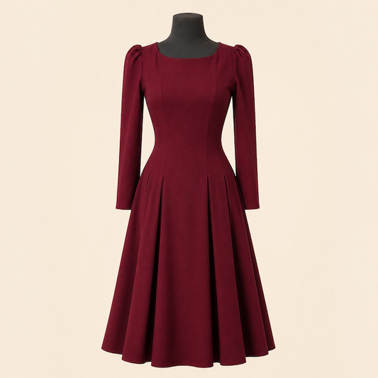 femkit Calypso Kleid Weinrot mit U-Boot-Ausschnitt und Kellerfalten