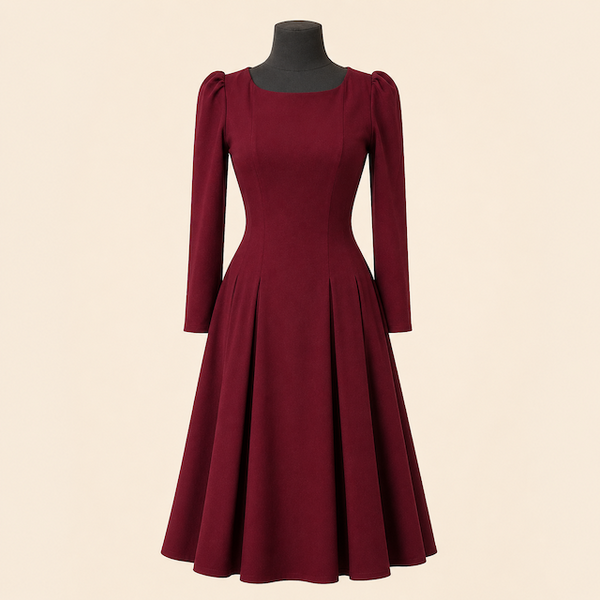 femkit Calypso Kleid Weinrot mit U-Boot-Ausschnitt und Kellerfalten