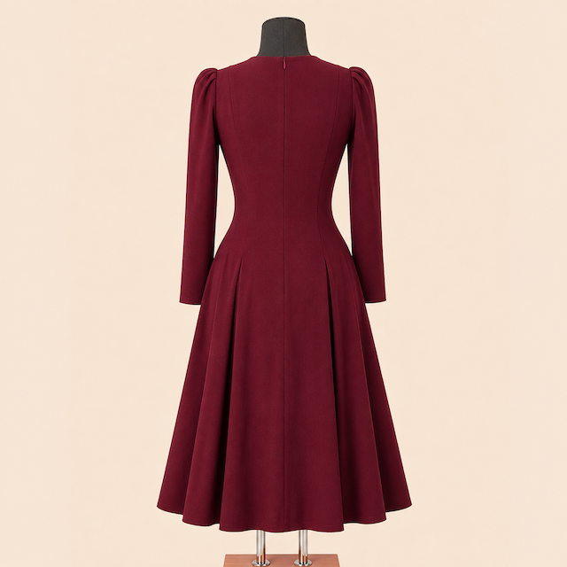 femkit Calypso Kleid Weinrot Rückansicht mit langen Ärmeln