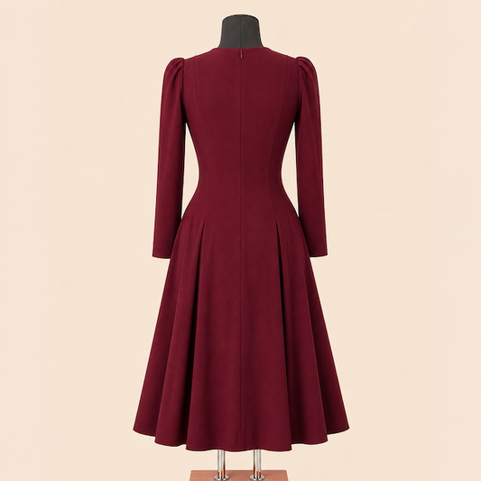 femkit Calypso Kleid Weinrot Rückansicht mit langen Ärmeln