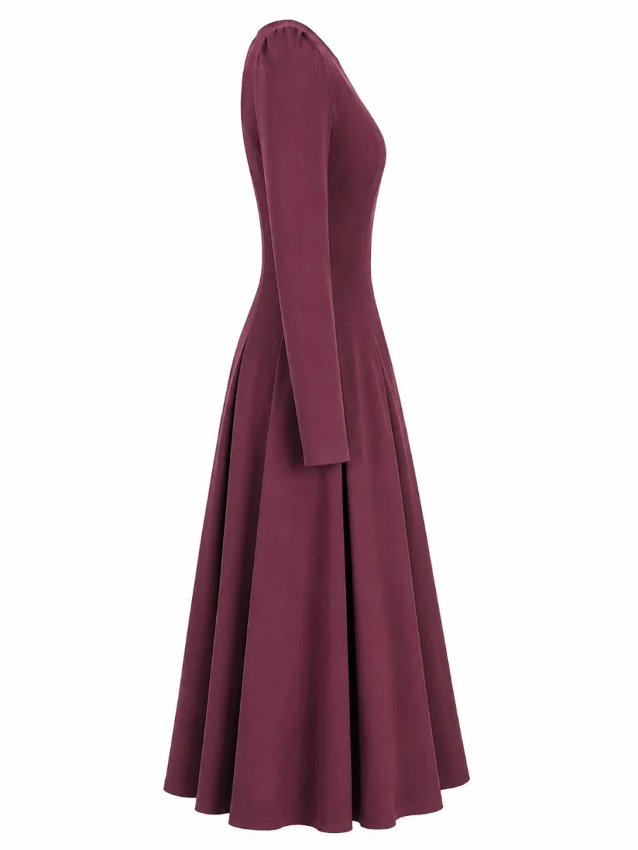 femkit Calypso Kleid Weinrot Seitenansicht mit weitem Faltenrock