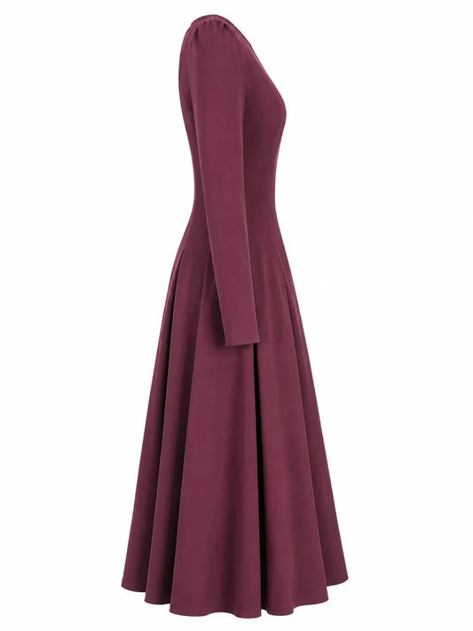femkit Calypso Kleid Weinrot Seitenansicht mit weitem Faltenrock