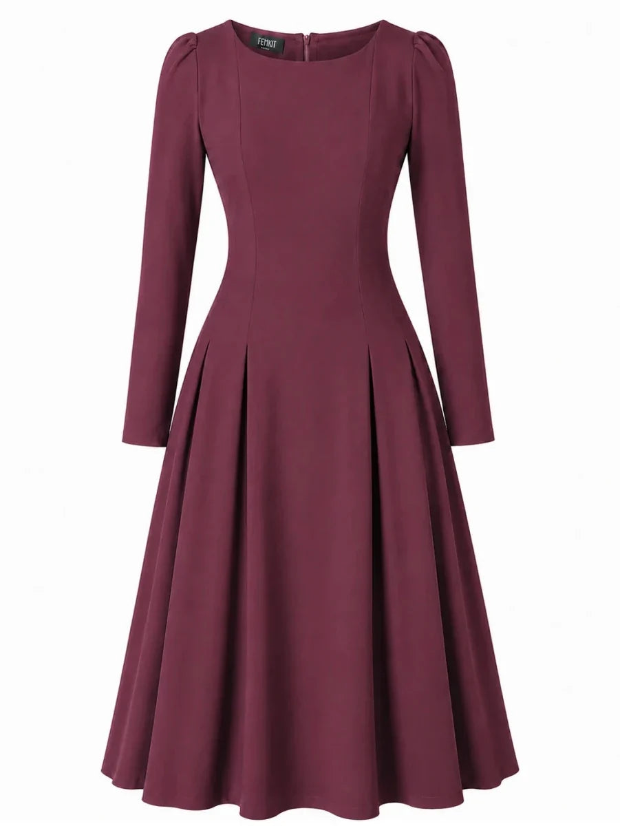 femkit Calypso Kleid Weinrot mit U-Boot-Ausschnitt und Kellerfalten
