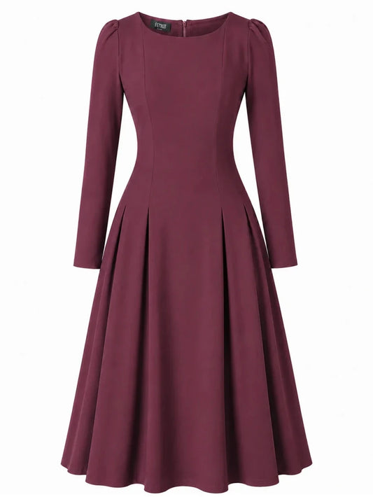 femkit Calypso Kleid Weinrot mit U-Boot-Ausschnitt und Kellerfalten