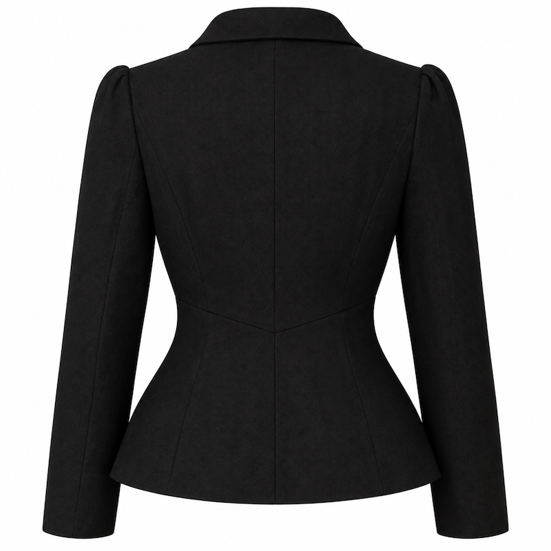 Rückseite des femkit Nyco Damenblazers in Schwarz mit stark betonter Taille und ausgestelltem Saum