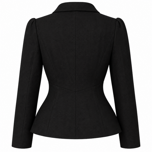 Rückseite des femkit Nyco Damenblazers in Schwarz mit stark betonter Taille und ausgestelltem Saum