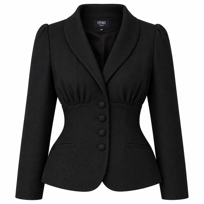 emkit Berlin Nyco schwarzer taillierter Vintage Blazer mit Schalkragen und stoffbezogenen Knöpfen