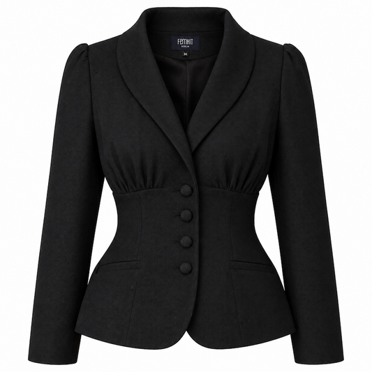 emkit Berlin Nyco schwarzer taillierter Vintage Blazer mit Schalkragen und stoffbezogenen Knöpfen