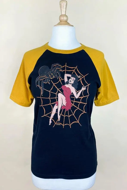 Halloween Pin up - Spinnennetz Raglan Shirt - schwarz/mustard - Dotty&Dan
