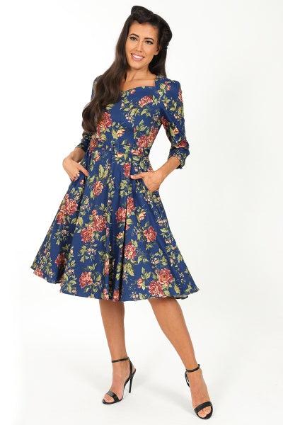 Blaues 50er Jahre Kleid mit Rosenmuster