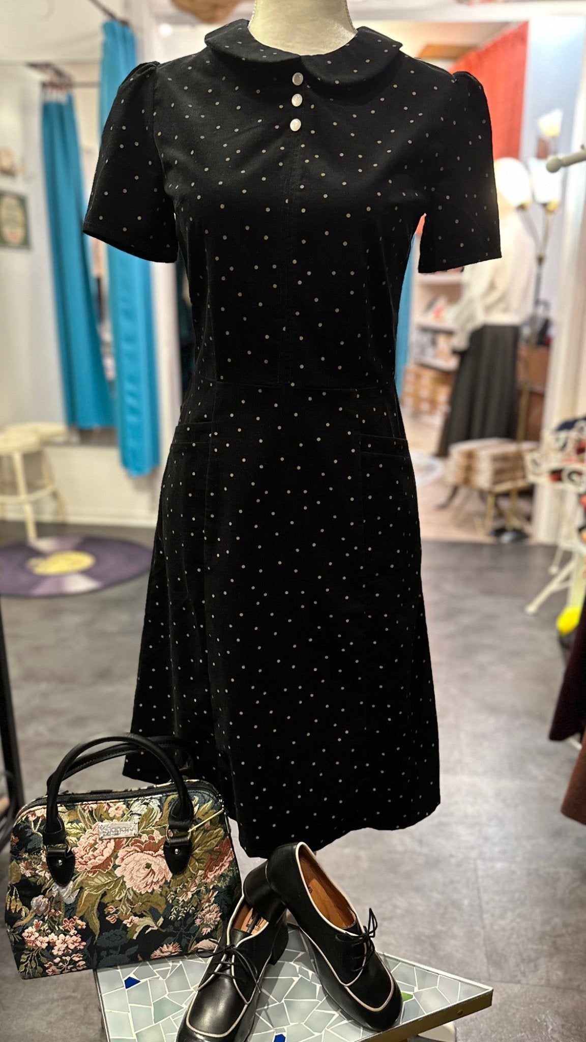 Pan Collar Dress - corduroy dots black/ecru - Dotty&Dan