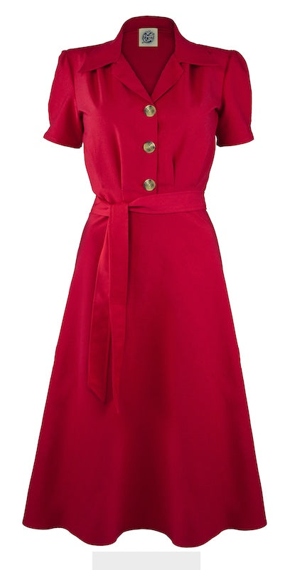 1940s Shirt Dress Red – Vintage Hemdblusenkleid mit Bindegürtel