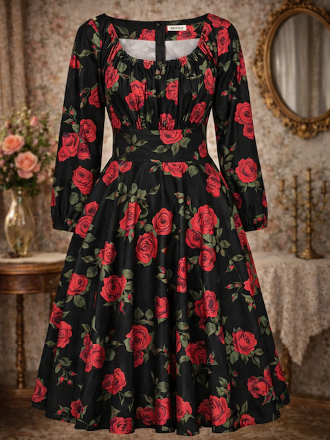 Vintage Swing Dress schwarz mit rotem Rosenprint im 50er Stil
