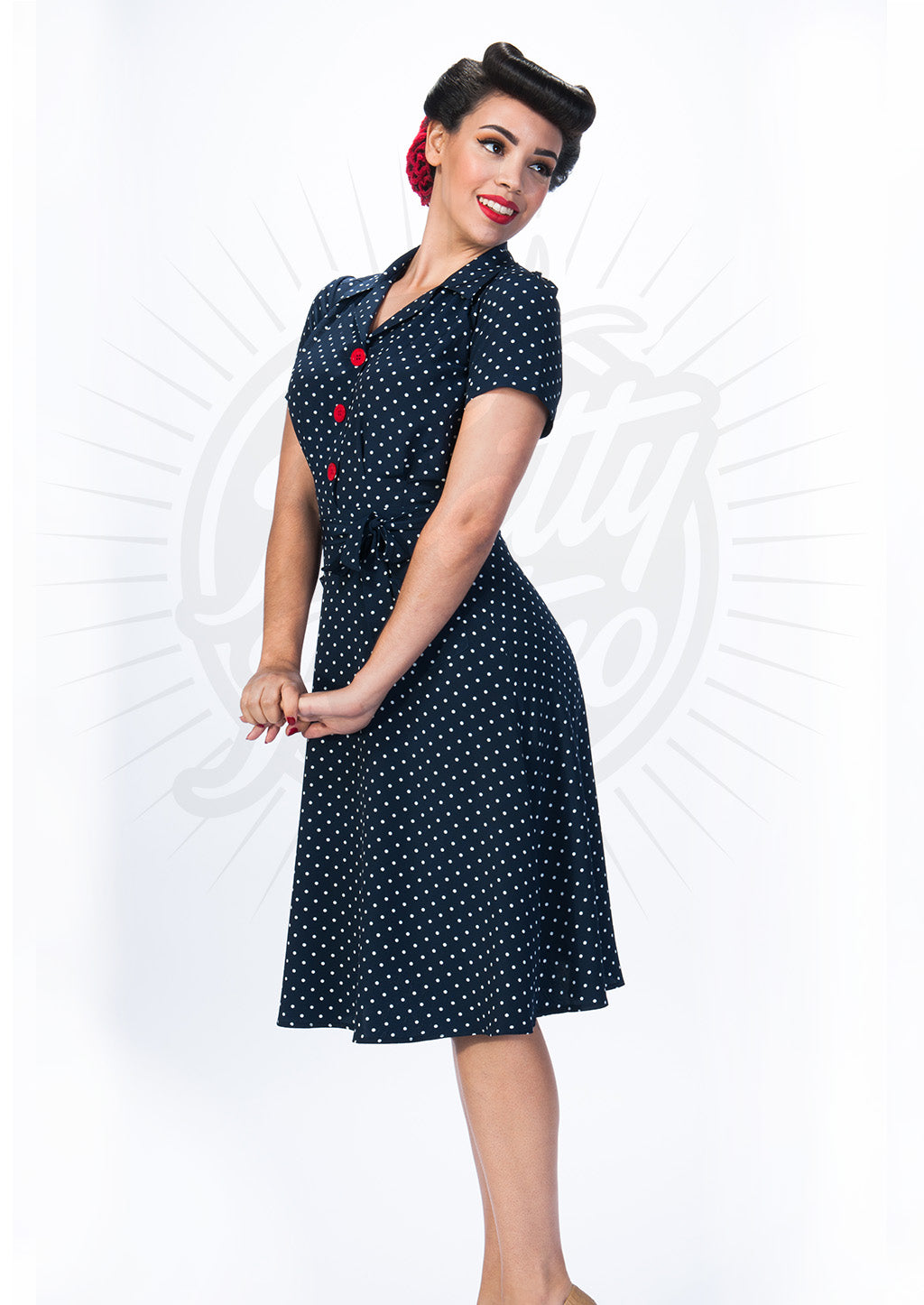 Pretty 40s Shirt Dress - navy polka dot