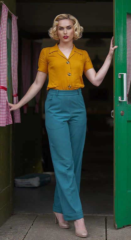 Vintage-inspirierte Damenhose in Teal mit weitem Bein