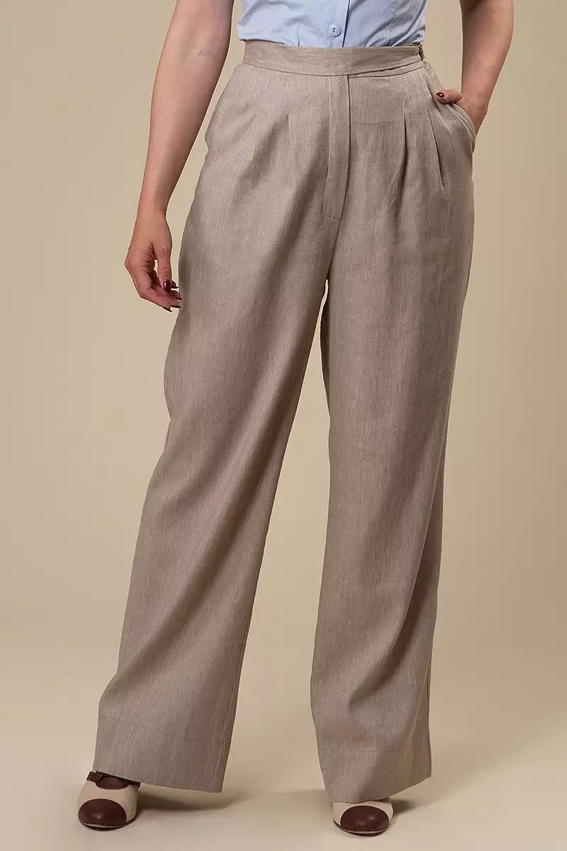 The Sassy Side-adjuster Slacks - sand wide herringbone - Dotty&Dan