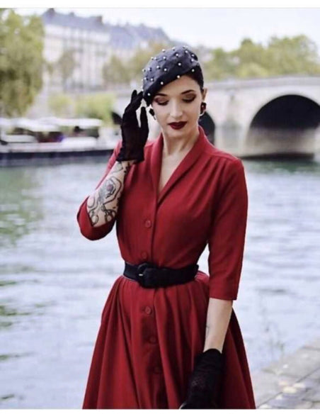 Rotes Vintage Kleid D’Laine mit tailliertem Oberteil und 3/4-Ärmeln
