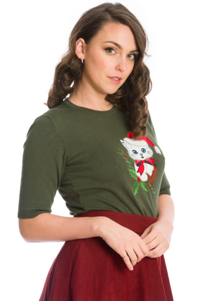 Holly Cat Christmas Jumper - oliv