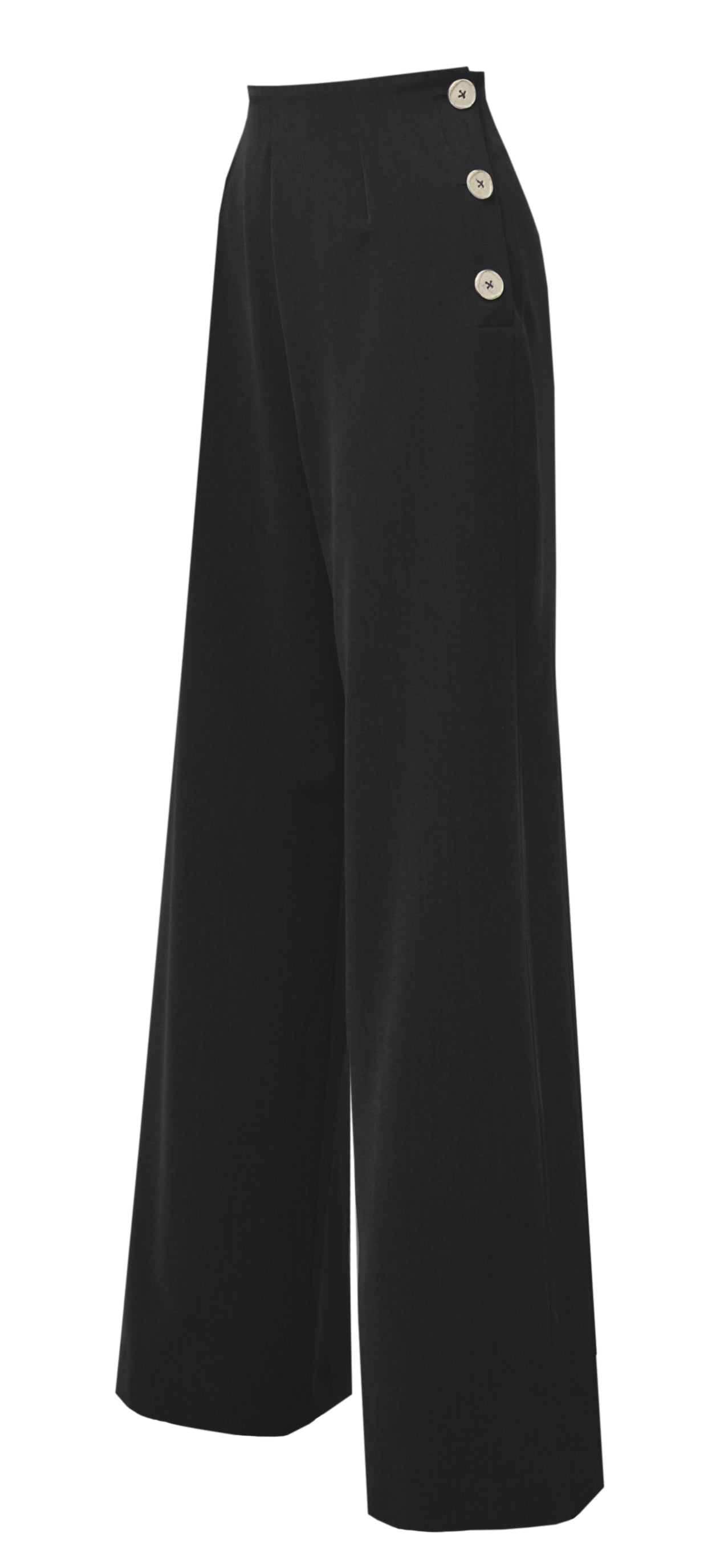 Schwarze 40er Jahre Marlenehose für Damen mit hoher Taille, weitem Bein und seitlichen Knöpfen